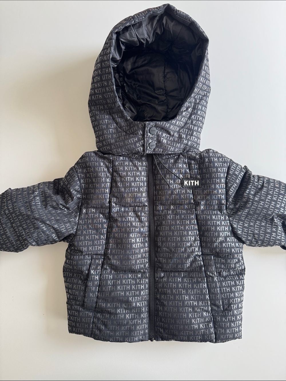 Kith Black All-Over Logo Kids Puffer Jacket with Hood